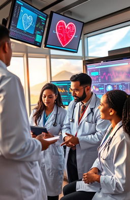 A dynamic scene depicting the advancement of cardiovascular disease detection in Mauritius, featuring healthcare professionals analyzing data on large screens