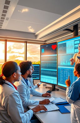 A dynamic scene depicting the advancement of cardiovascular disease detection in Mauritius, featuring healthcare professionals analyzing data on large screens