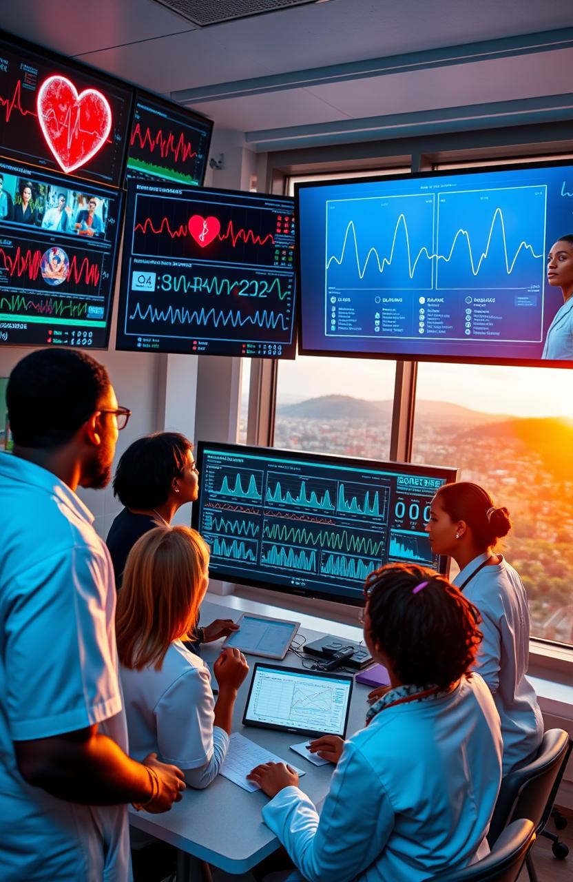 A dynamic scene depicting the advancement of cardiovascular disease detection in Mauritius, featuring healthcare professionals analyzing data on large screens