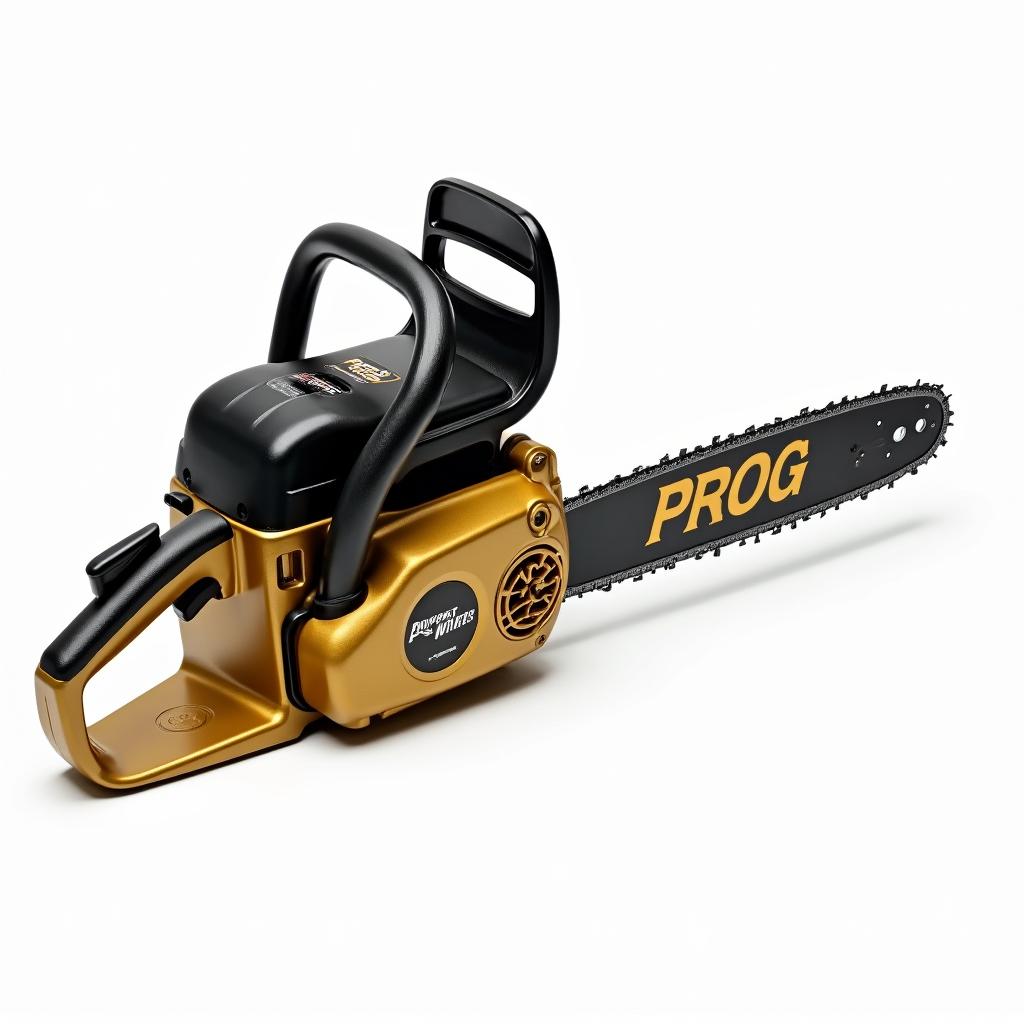 A golden and black gasoline chainsaw prominently displaying the word 'PROG'