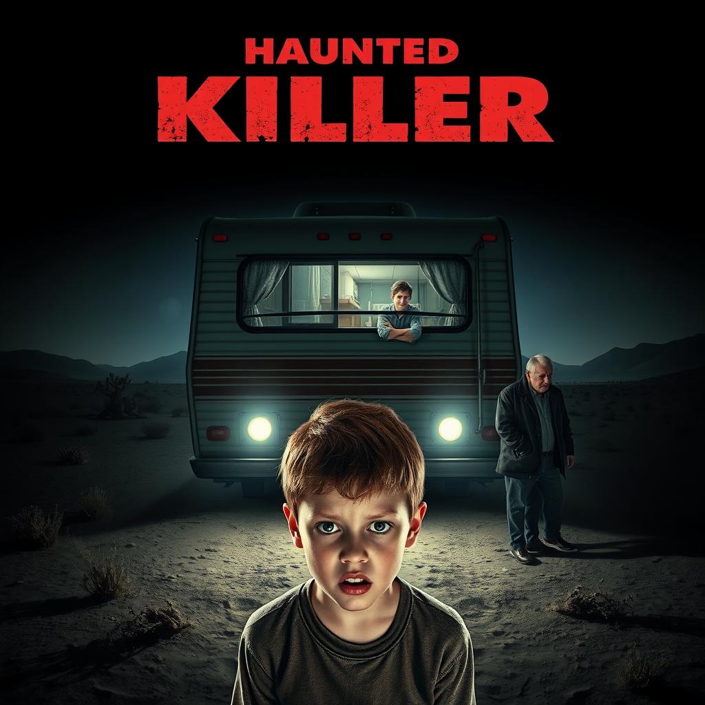 A horror movie poster featuring a creepy, dimly-lit camper van in the middle of a dark desert at night