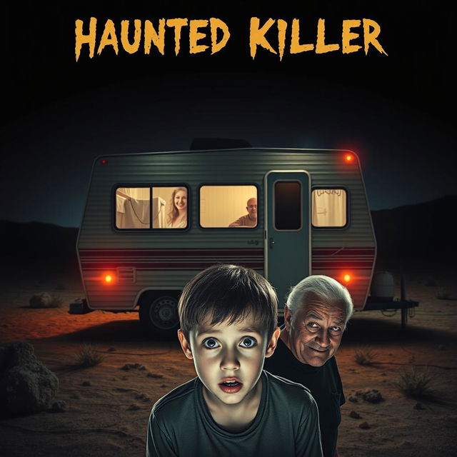 A horror movie poster featuring a creepy, dimly-lit camper van in the middle of a dark desert at night