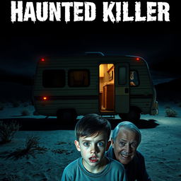 A horror movie poster featuring a creepy, dimly-lit camper van in the middle of a dark desert at night