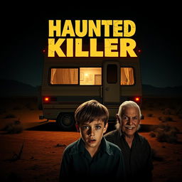 A horror movie poster featuring a creepy, dimly-lit camper van in the middle of a dark desert at night