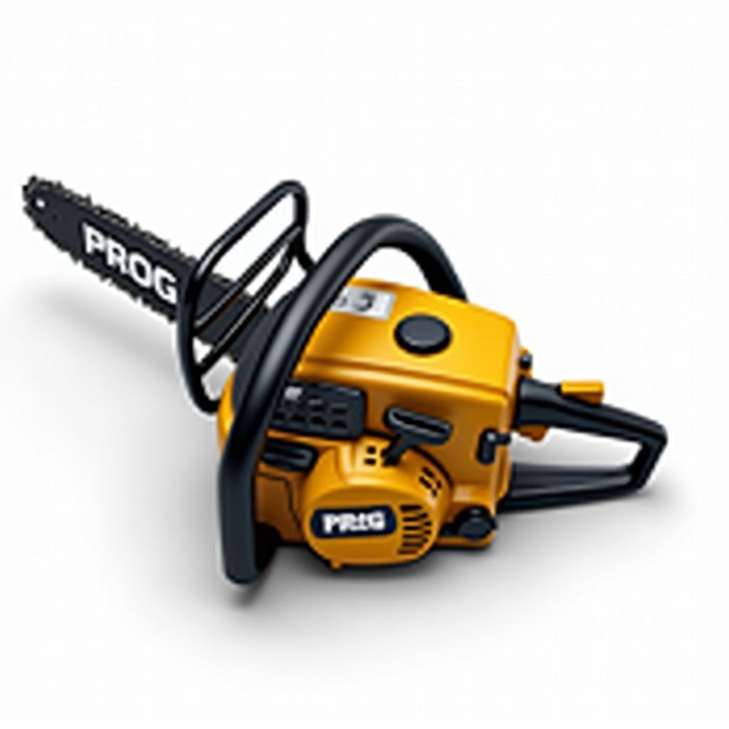 A striking gasoline chainsaw in a sleek design, featuring a combination of golden and black colors, prominently displaying the word 'PROG' on both the blade and the engine