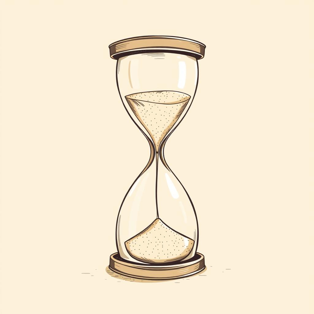 A delicate hourglass symbolizing the passage of time and reflection on life, illustrated with fine lines as if drawn by hand