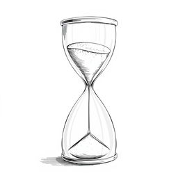 A delicate hourglass symbolizing the passage of time and reflection on life, illustrated with fine lines as if drawn by hand in black and white