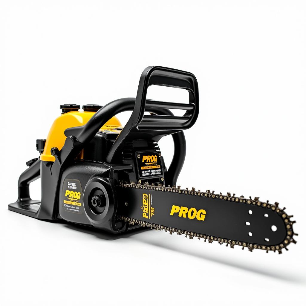 A stunning black and gold gasoline chainsaw prominently featuring the word 'PROG' engraved on both the blade and engine