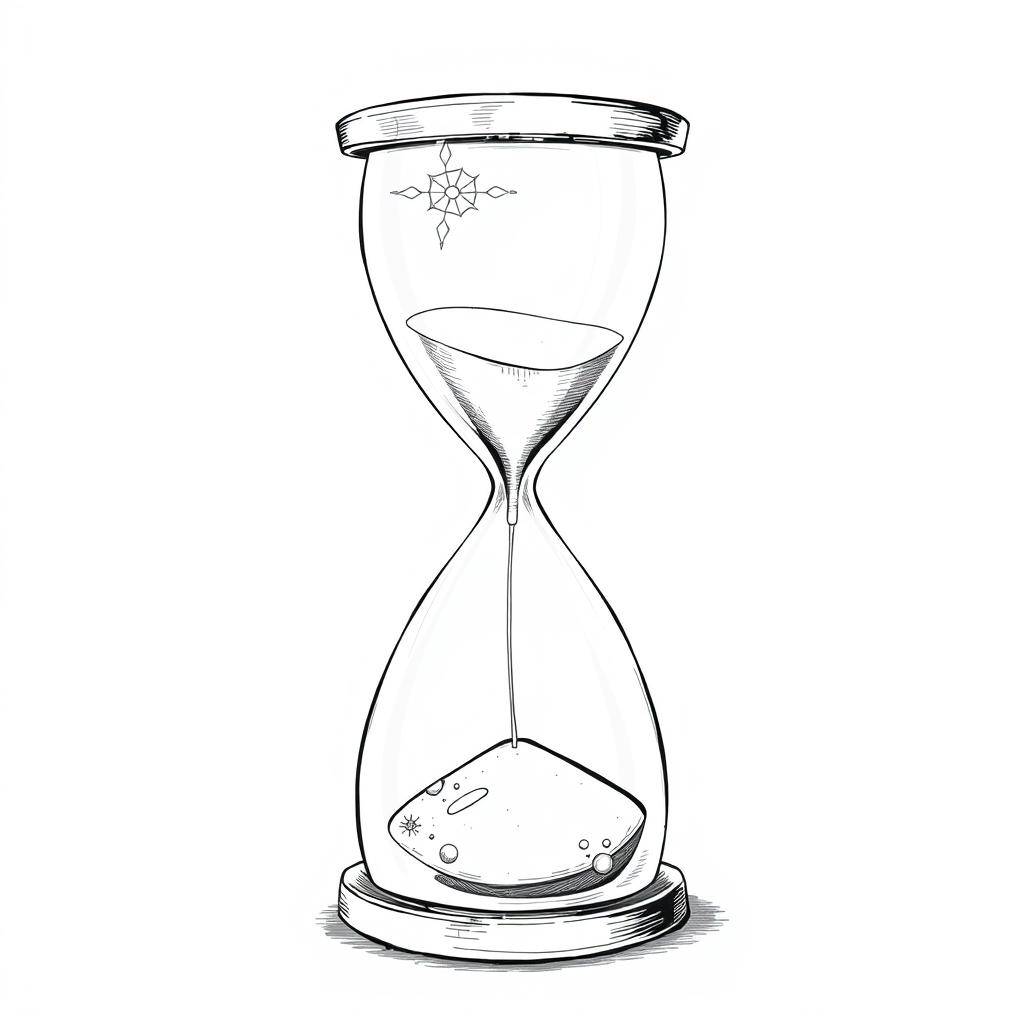 A delicate hourglass symbolizing the passage of time and reflection on life, illustrated with fine lines as if drawn by hand in black and white