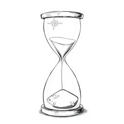 A delicate hourglass symbolizing the passage of time and reflection on life, illustrated with fine lines as if drawn by hand in black and white