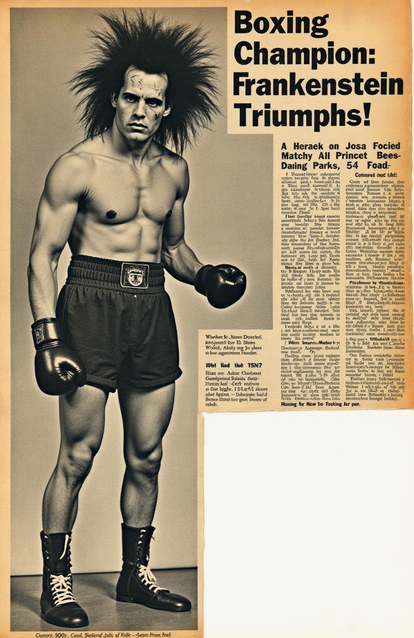 A vintage 1950s newspaper clipping showcasing the boxing championship winner, a character inspired by the original Frankenstein novel