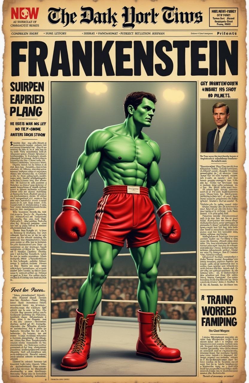 A vintage 1950s newspaper clipping featuring a boxing championship winner named Frankenstein