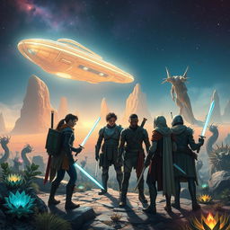 A vivid scene inspired by Dungeons & Dragons set in a science fiction universe, featuring a diverse group of adventurers in futuristic armor and magical gear, exploring a luminous alien landscape filled with bizarre flora and fauna