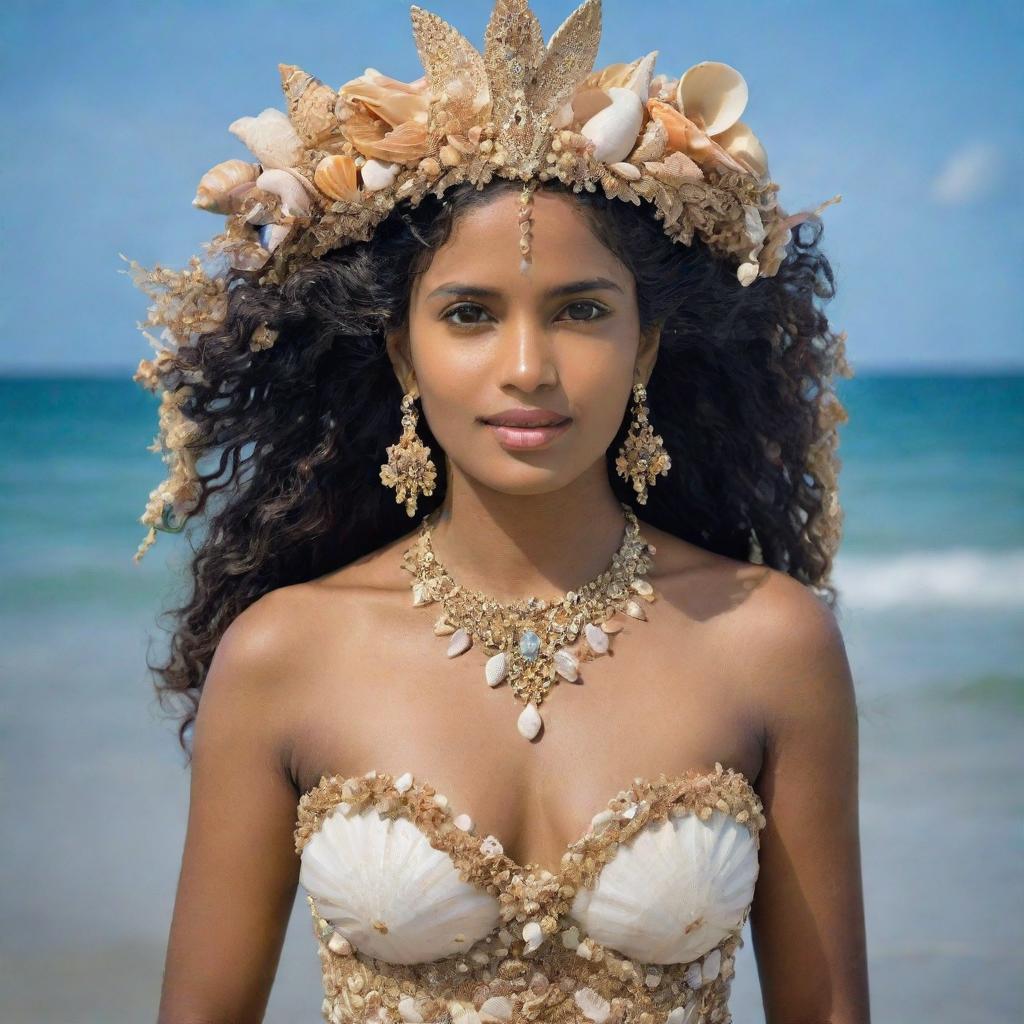 A majestic Sri Lankan princess emerging from the sea, adorned with an array of quaint sea shells and tropical seaweeds.