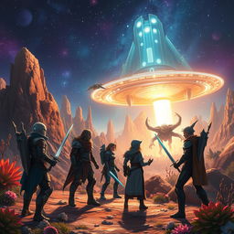 A vivid scene inspired by Dungeons & Dragons set in a science fiction universe, featuring a diverse group of adventurers in futuristic armor and magical gear, exploring a luminous alien landscape filled with bizarre flora and fauna