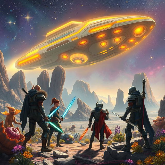 A vivid scene inspired by Dungeons & Dragons set in a science fiction universe, featuring a diverse group of adventurers in futuristic armor and magical gear, exploring a luminous alien landscape filled with bizarre flora and fauna