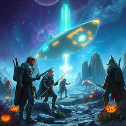 A vivid scene inspired by Dungeons & Dragons set in a science fiction universe, featuring a diverse group of adventurers in futuristic armor and magical gear, exploring a luminous alien landscape filled with bizarre flora and fauna