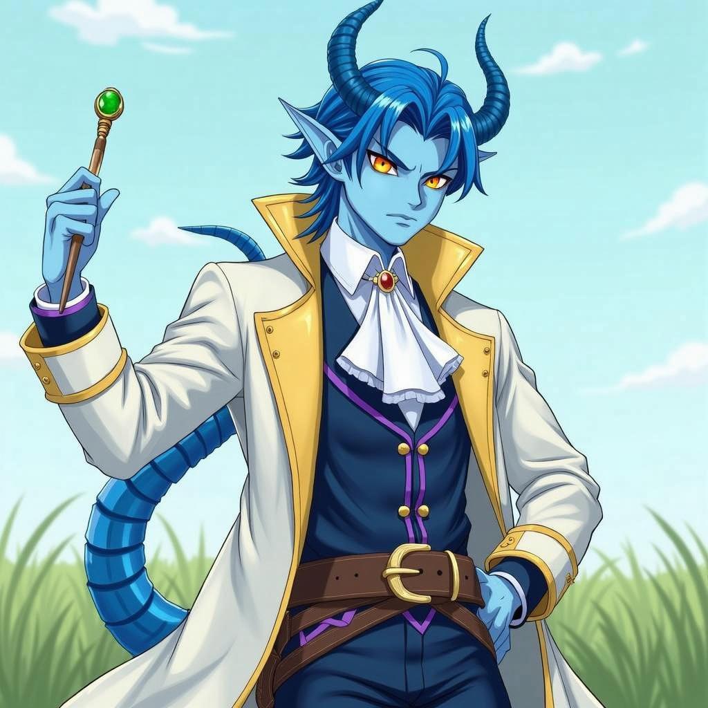 An anime-style illustration reminiscent of Grimgar of Fantasy and Ash, featuring a tiefling man with vibrant ice blue skin and bright ice blue hair