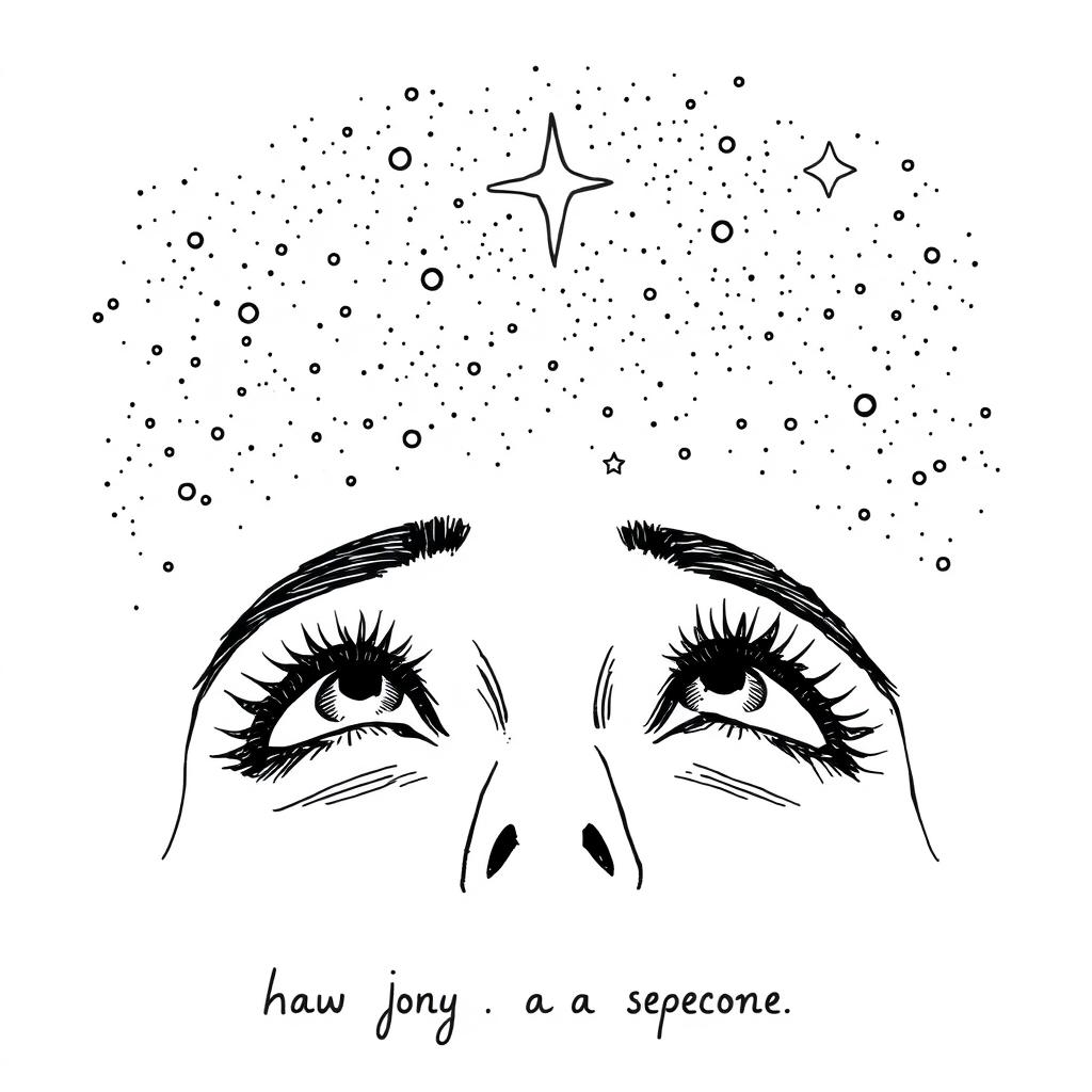 A black and white hand-drawn illustration featuring a pair of eyes gazing up at a starry sky, created with fine and simple lines