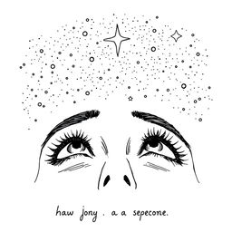 A black and white hand-drawn illustration featuring a pair of eyes gazing up at a starry sky, created with fine and simple lines