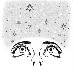 A black and white hand-drawn illustration featuring a pair of eyes gazing up at a starry sky, created with fine and simple lines