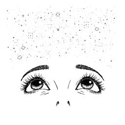 A black and white hand-drawn illustration featuring a pair of eyes gazing up at a starry sky, created with fine and simple lines