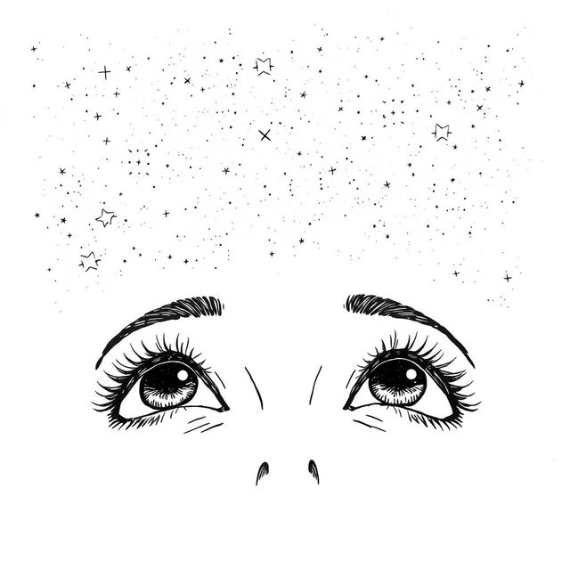 A black and white hand-drawn illustration featuring a pair of eyes gazing up at a starry sky, created with fine and simple lines