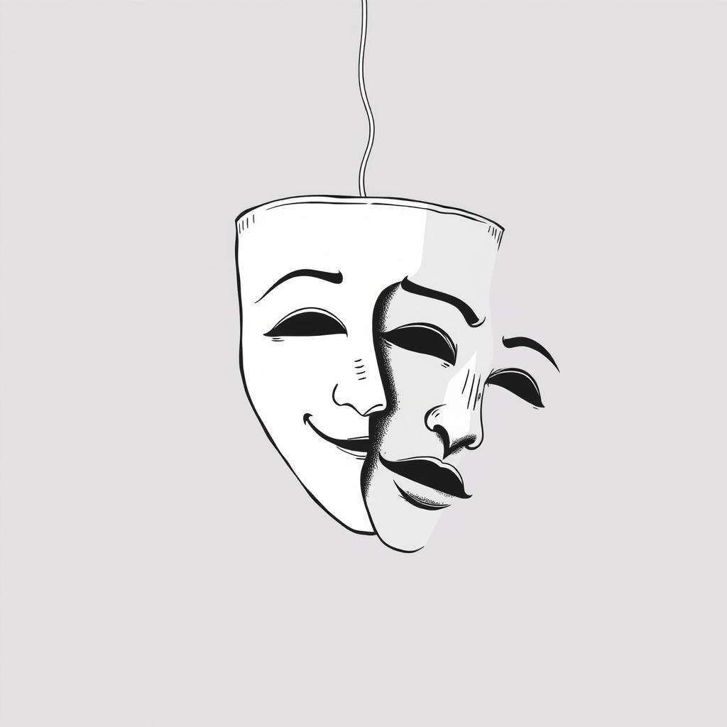 A black and white illustration featuring a theater mask, designed with fine and simple lines