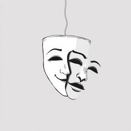 A black and white illustration featuring a theater mask, designed with fine and simple lines