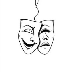 A black and white illustration featuring a theater mask, designed with fine and simple lines