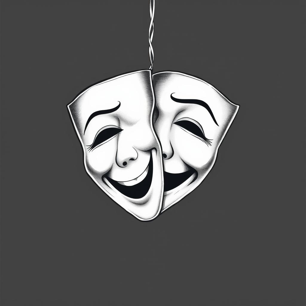 A black and white illustration featuring a theater mask, designed with fine and simple lines