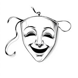 A black and white illustration featuring a theater mask, designed with fine and simple lines