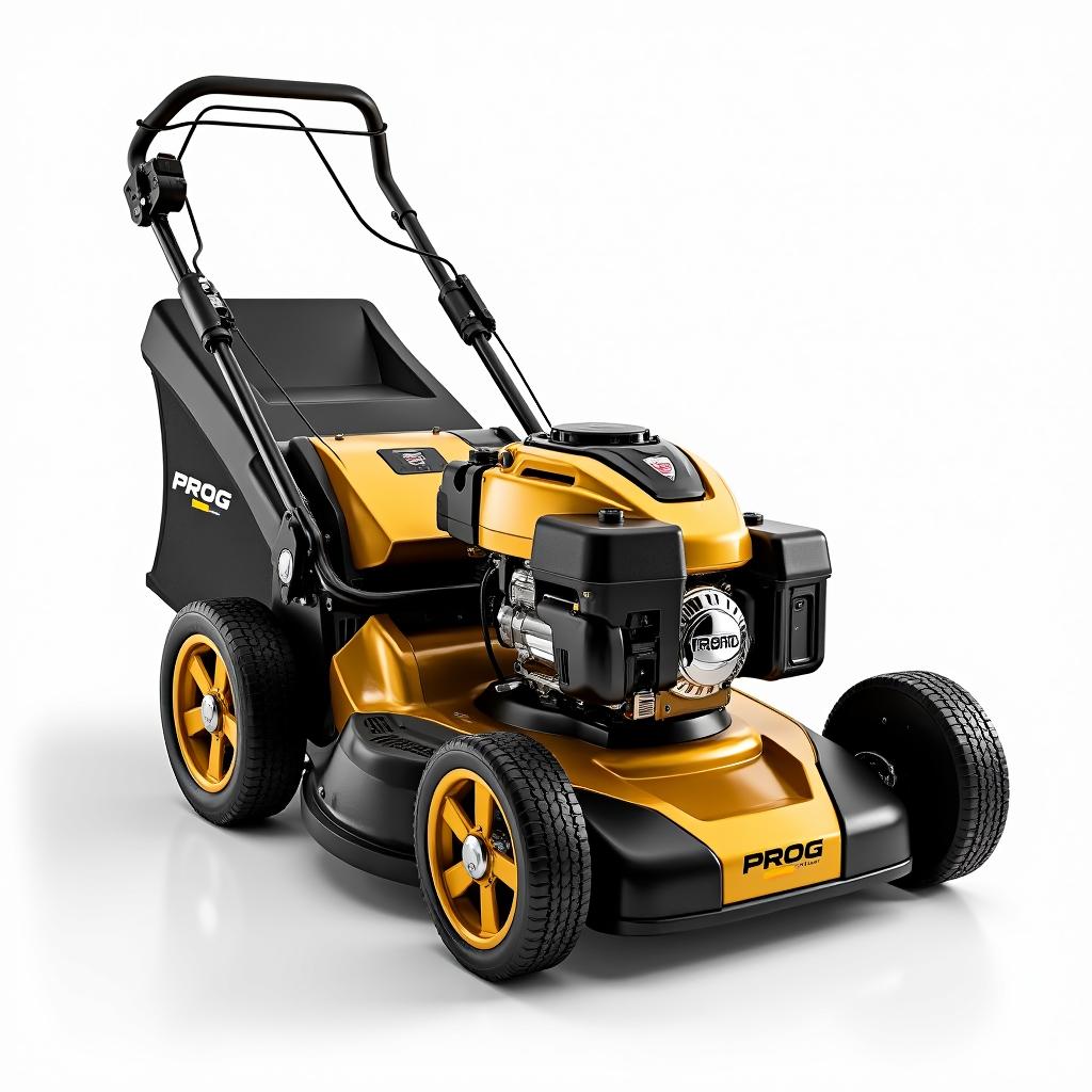 A high-definition image of a gasoline-powered lawn mower featuring a luxurious golden and black design, prominently displaying the word 'PROG' on the engine