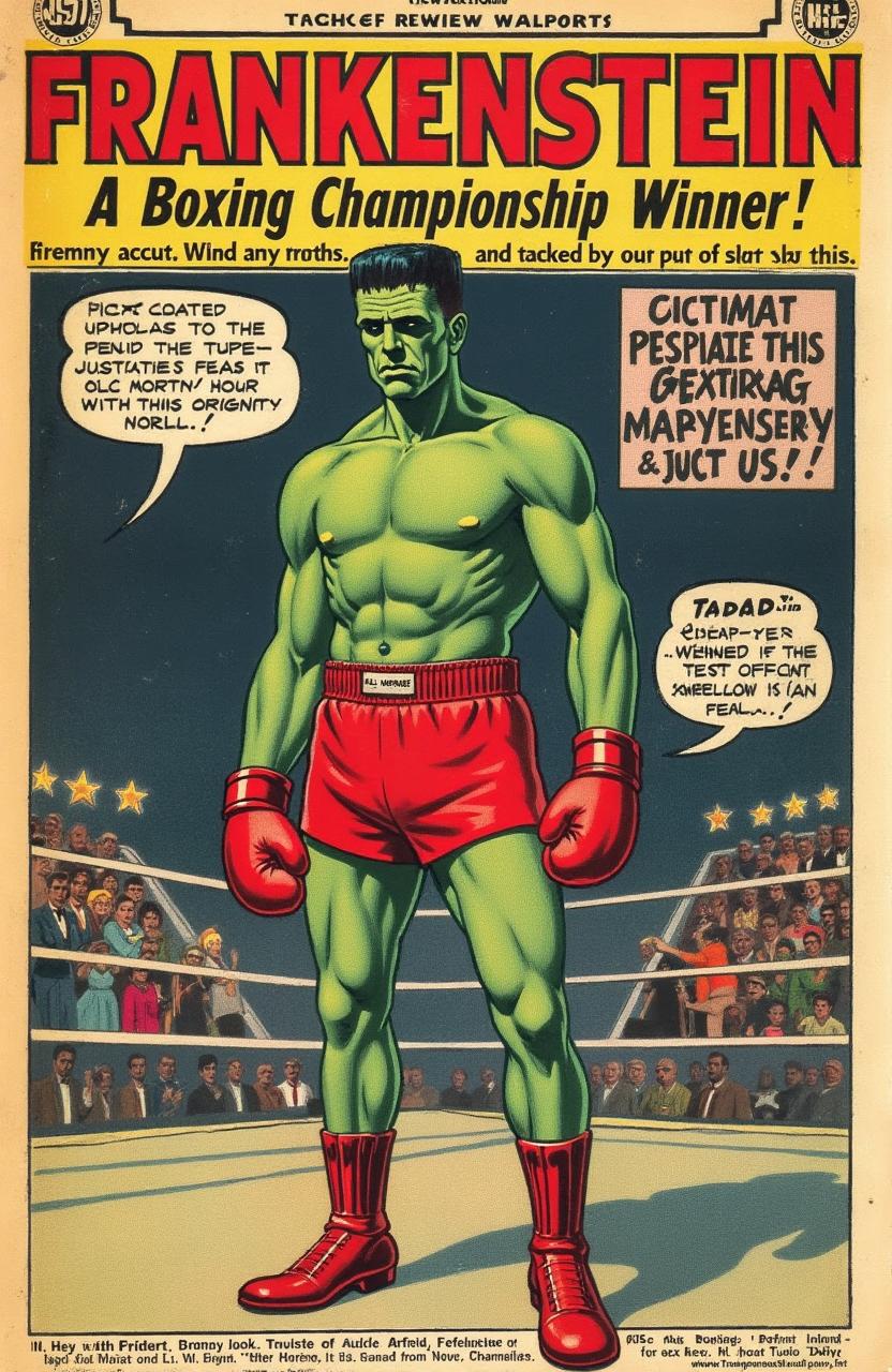 A vintage 1950s newspaper clipping showcasing the boxing championship winner, Frankenstein