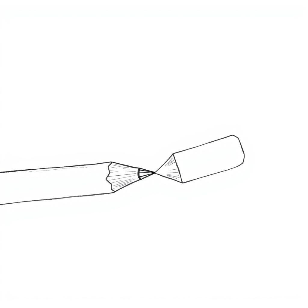 A poetic black and white illustration featuring a pencil and an eraser, created with fine and simple lines