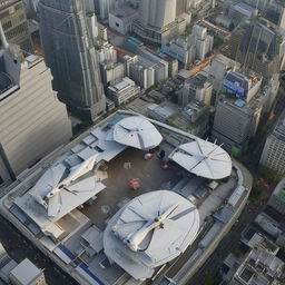 Five high-tech helicopters perched atop the helipad of a SWAT premises, in the heart of a bustling central business district under the bright daylight.