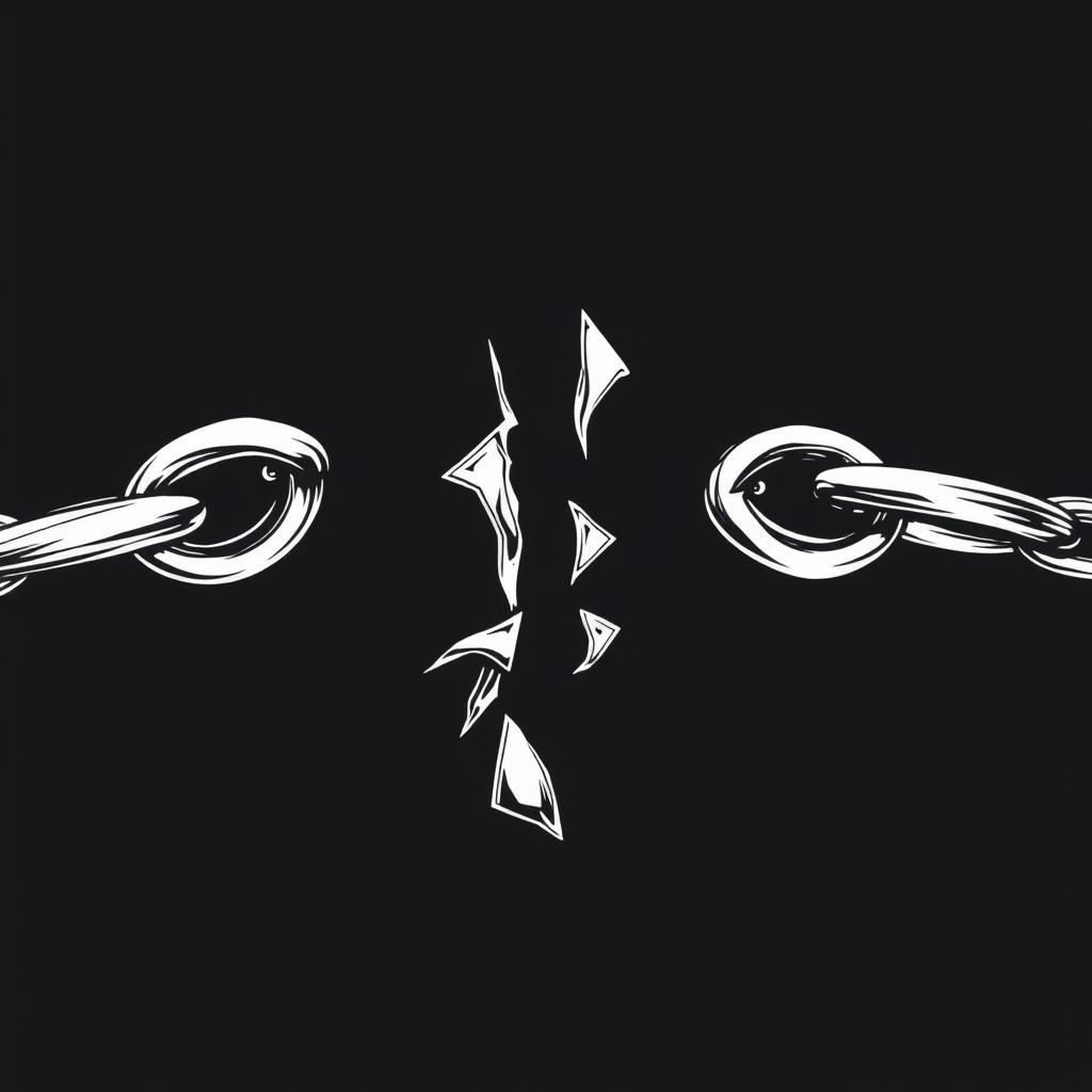 A black and white illustration featuring a broken chain, depicted using fine lines