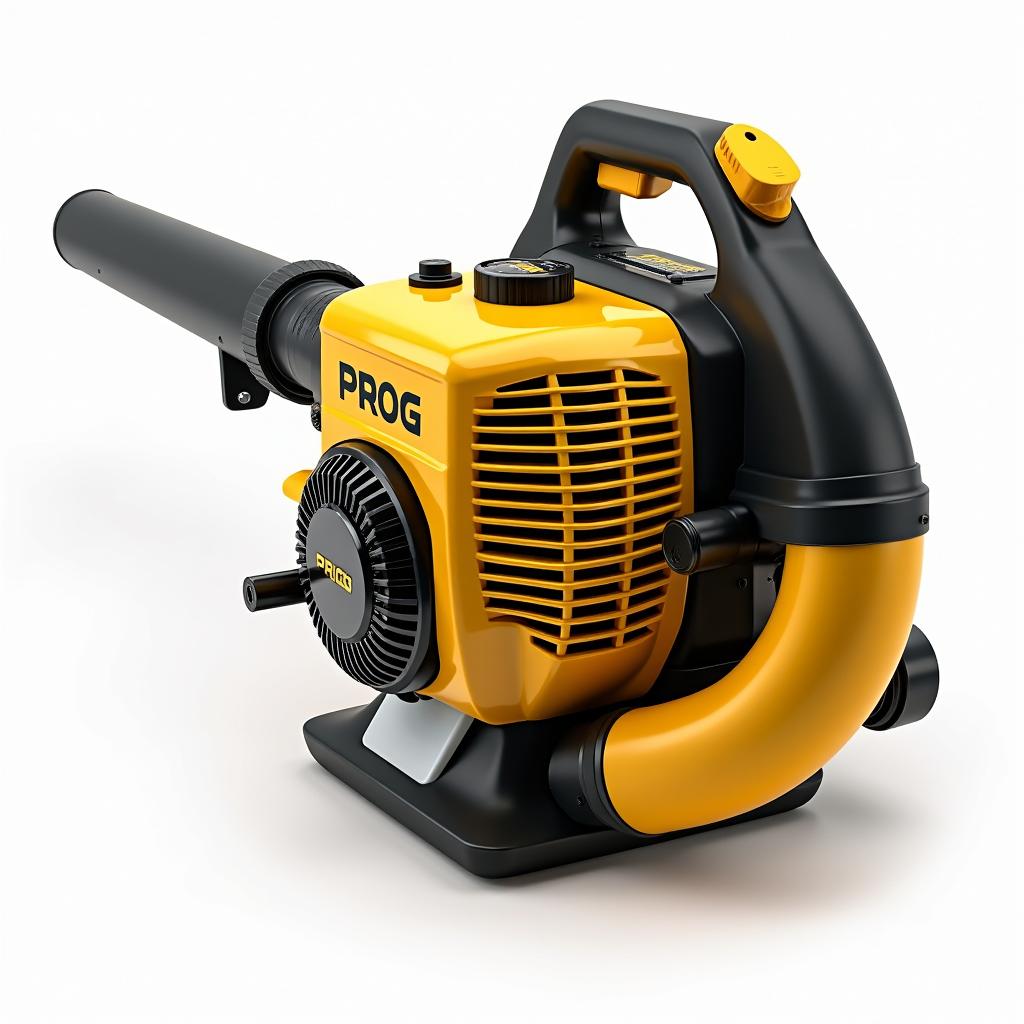 A high-definition image of a gasoline-powered blower in striking gold and black colors, prominently featuring the word 'PROG' on its engine