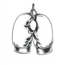 A black and white illustration featuring a pair of boxing gloves, depicted in fine lines