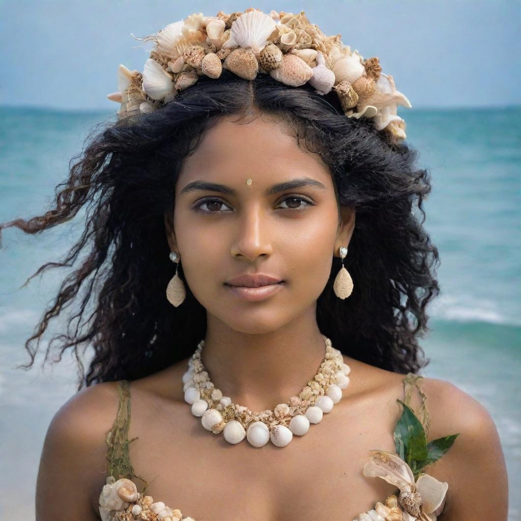 A majestic Sri Lankan princess emerging from the sea, adorned with an array of quaint sea shells and tropical seaweeds.