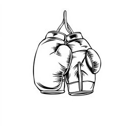 A black and white illustration featuring a pair of boxing gloves, depicted in fine lines