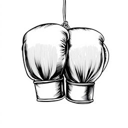 A black and white illustration featuring a pair of boxing gloves, depicted in fine lines