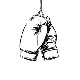 A black and white illustration featuring a pair of boxing gloves, depicted in fine lines