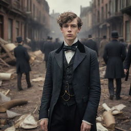 A young man styled in detailed Victorian-era clothing stands unfazed amidst a scene of orchestrated chaos and catastrophe, adding an intriguing juxtaposition.