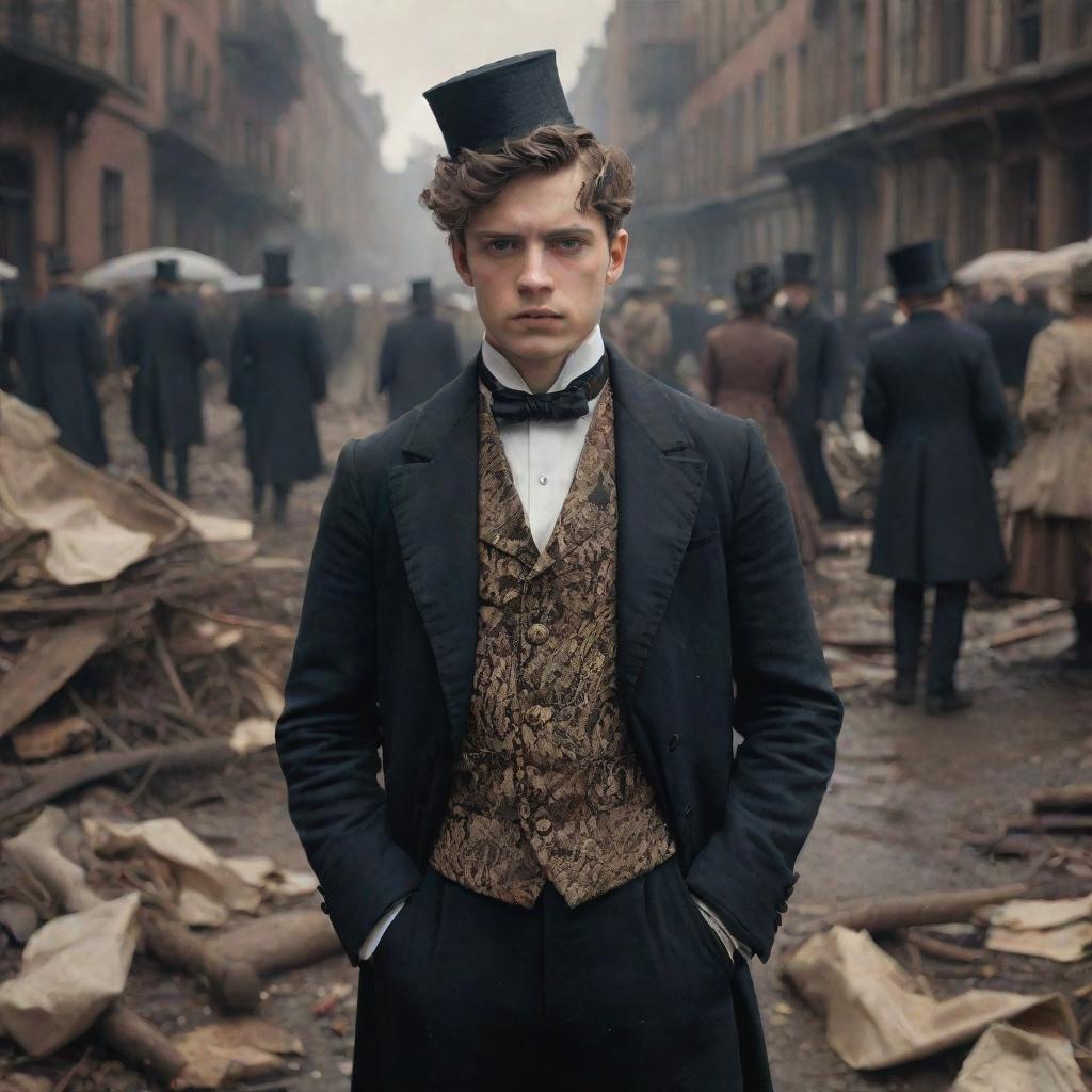 A young man styled in detailed Victorian-era clothing stands unfazed amidst a scene of orchestrated chaos and catastrophe, adding an intriguing juxtaposition.