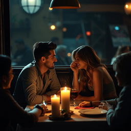 A secretive and intimate moment between a man and his best friend's girlfriend during a double date, set in a cozy, dimly-lit restaurant