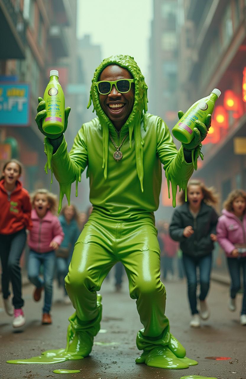 P Diddy transformed into a whimsical slime monster, with vibrant green goo dripping down his body