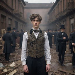 A young man styled in detailed Victorian-era clothing stands unfazed amidst a scene of orchestrated chaos and catastrophe, adding an intriguing juxtaposition.