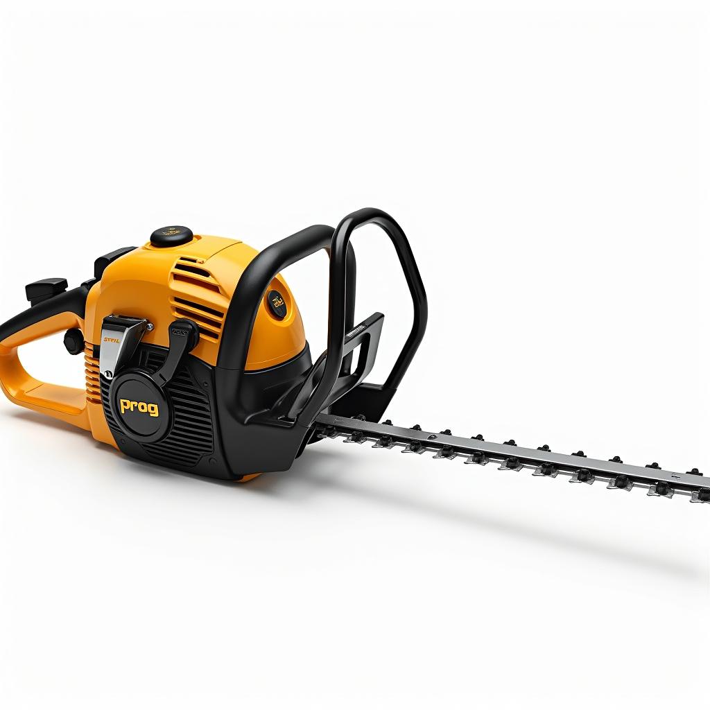 An elegant gasoline hedge trimmer in a striking gold and black design, featuring the word 'PROG' displayed prominently on the engine, resembling the style of popular Stihl products