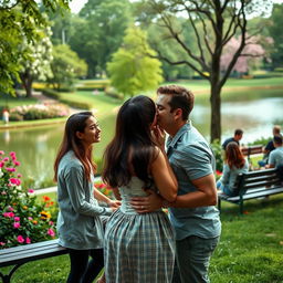 A romantic yet tense scene set in a vibrant park during a double date